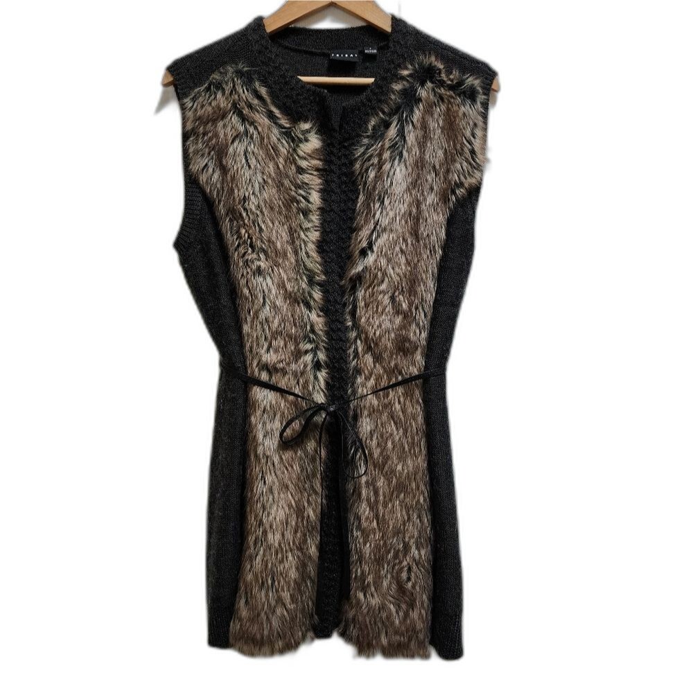 Tribal Sweater Womens L Brown Black Wool Blend Faux Fur Sleeveless Cardigan Boho